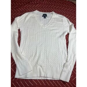 Tommy Hilfiger Women's Medium White Cable Knit V‎ Neck Pima Cotton Sweater